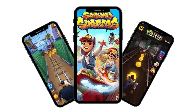 Subway Surfers MOD APK gameplay preview on three smartphones screens